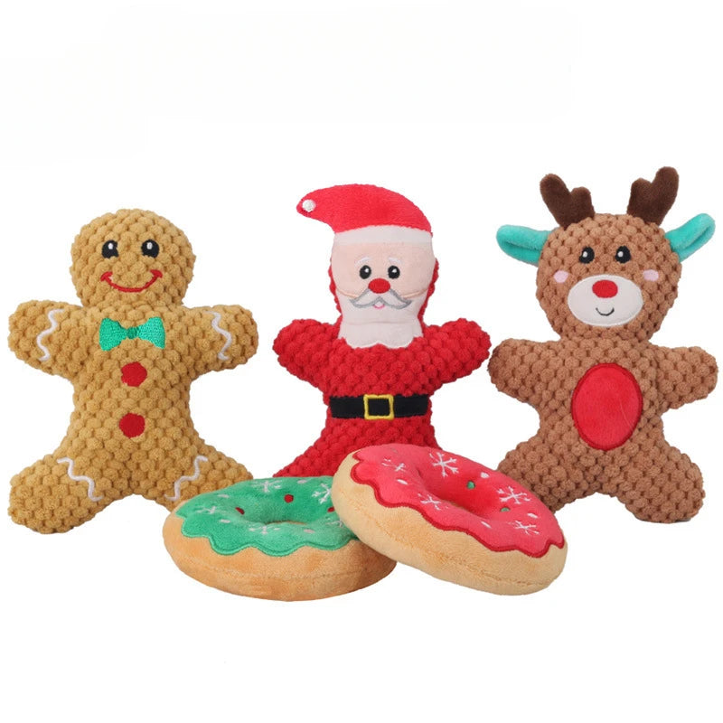 All five Christmas plush squeaky dog toys