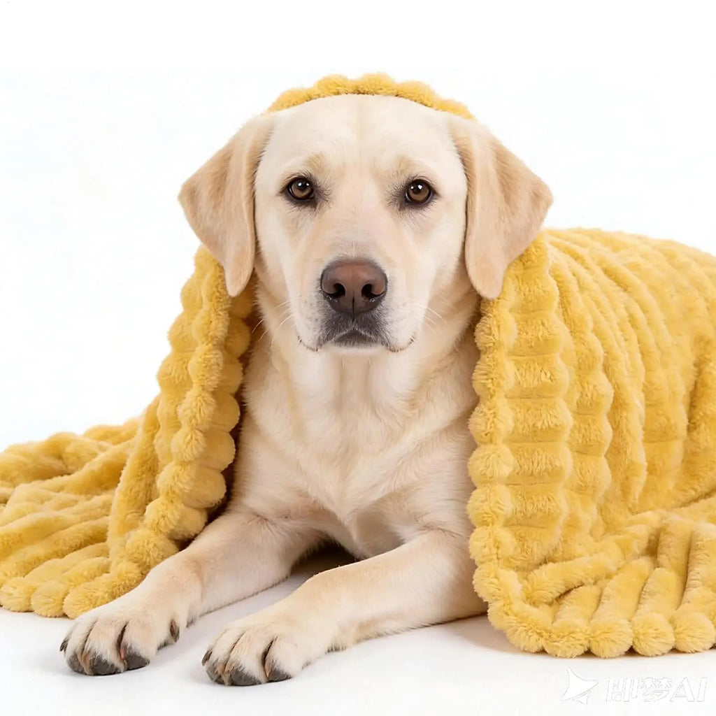 Labrador lying on the yellow pet blanket