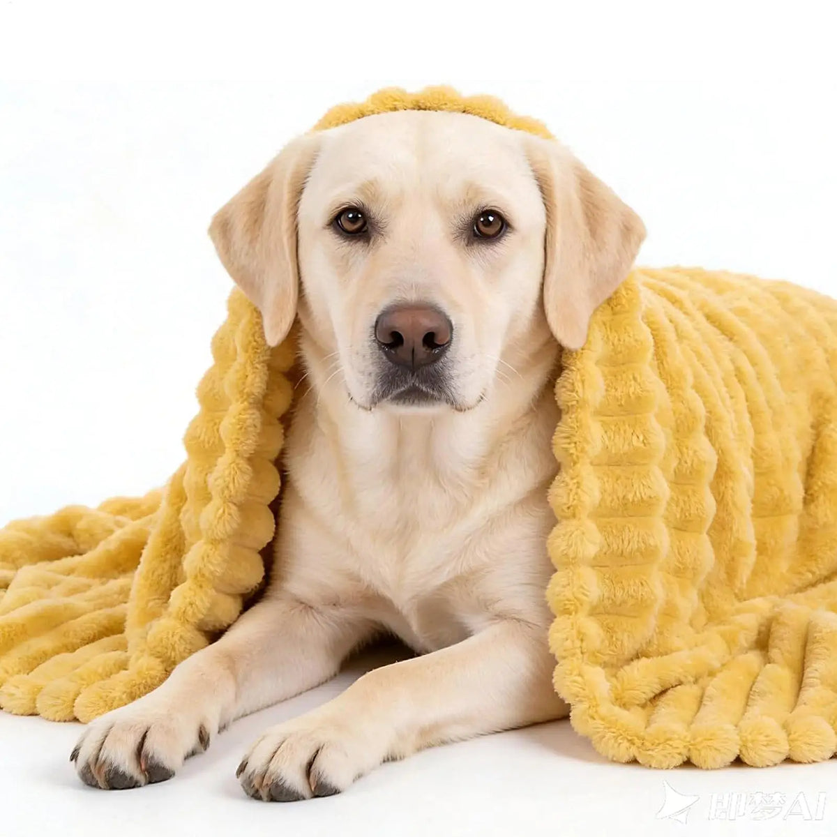 Labrador lying on the yellow pet blanket