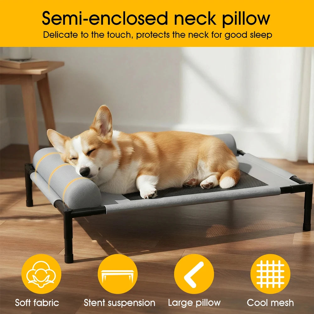 Dog resting its head on the cot's soft pillow edge
