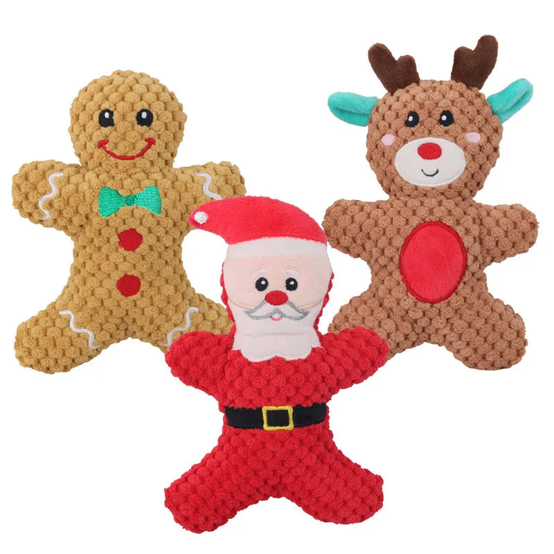 Gingerbread man, Santa and reindeer plush dog toys