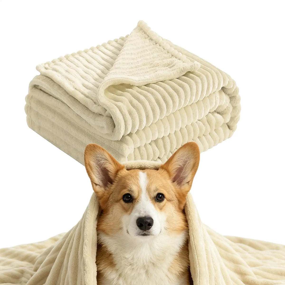 Corgi under the beige Soft Ribbed Pet Blanket