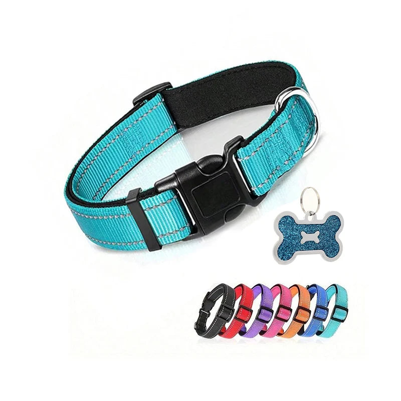 Reflective Padded Dog Collar in turquoise with the full colour range