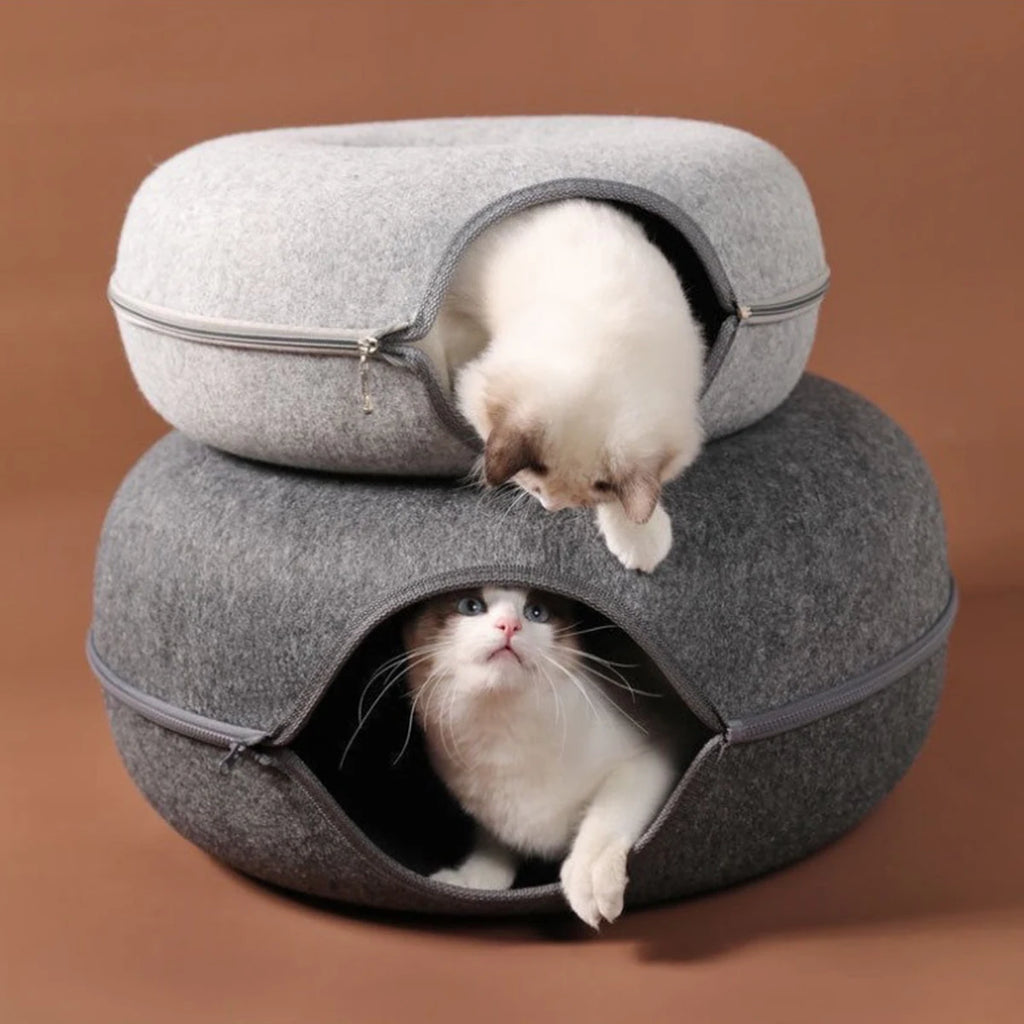 Two cats in stacked Felt Cat Caves