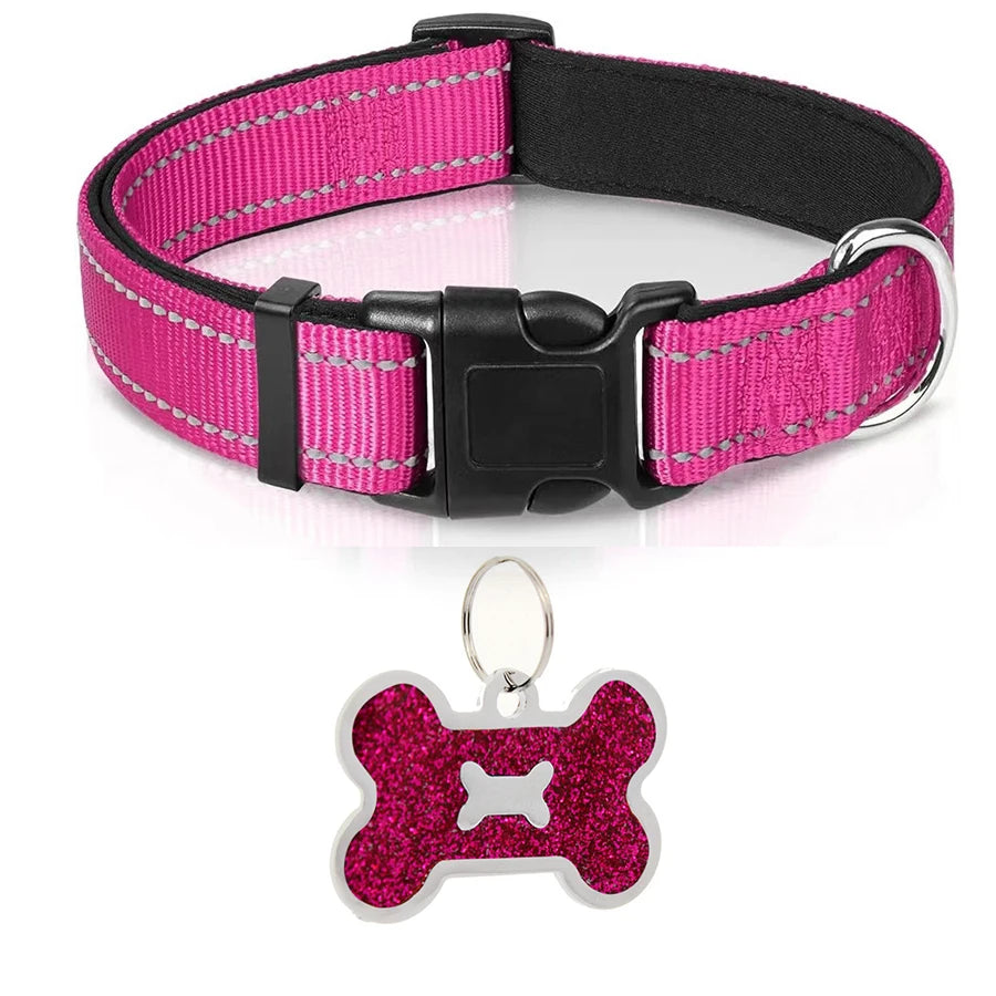 Reflective Padded Dog Collar in Rose Pink with bone ID tag