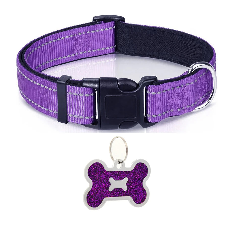 Reflective Padded Dog Collar in Purple with bone ID tag