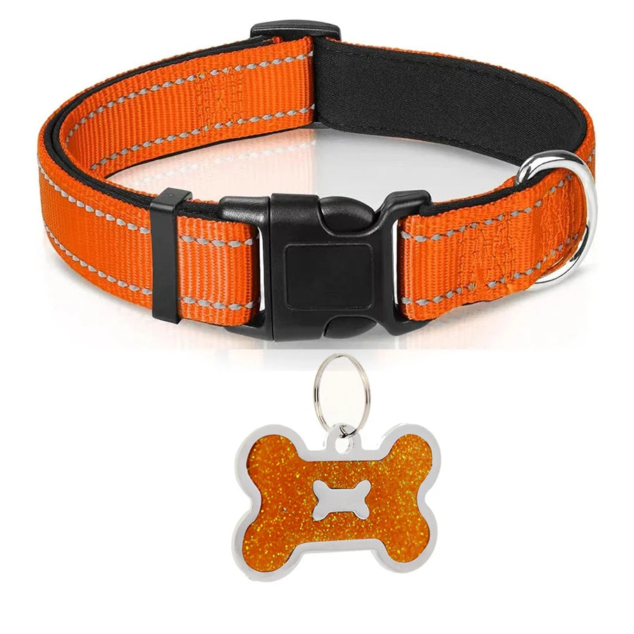 Reflective Padded Dog Collar in Orange with bone ID tag