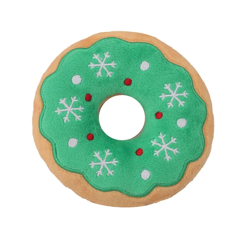 Green Donut plush squeaky dog toy