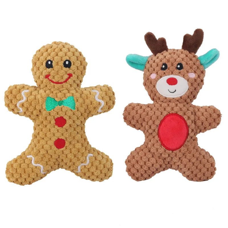 Gingerbread man and reindeer plush dog toys