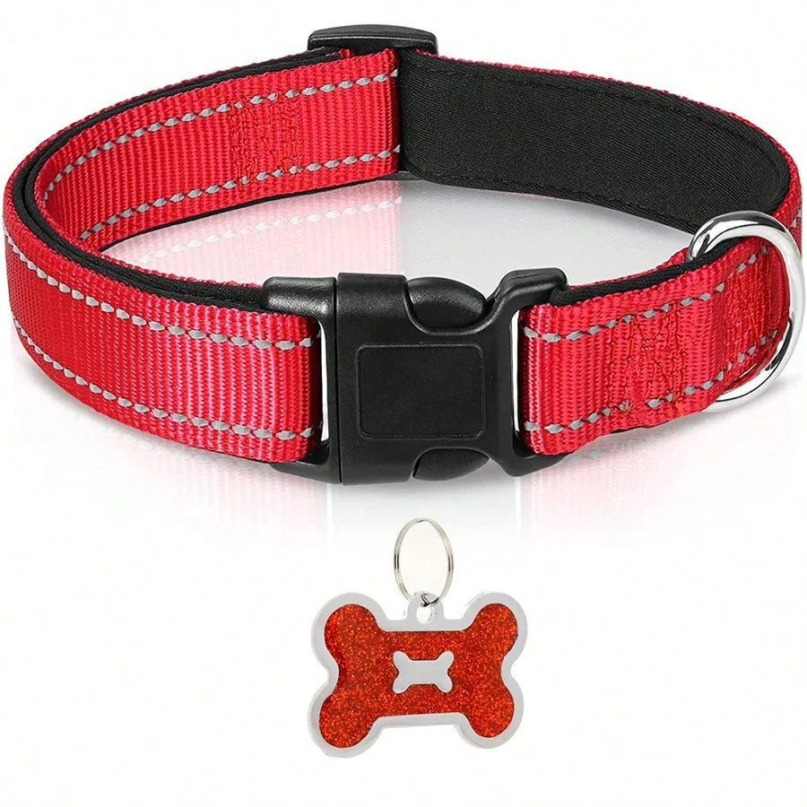 Reflective Padded Dog Collar in Red with bone ID tag