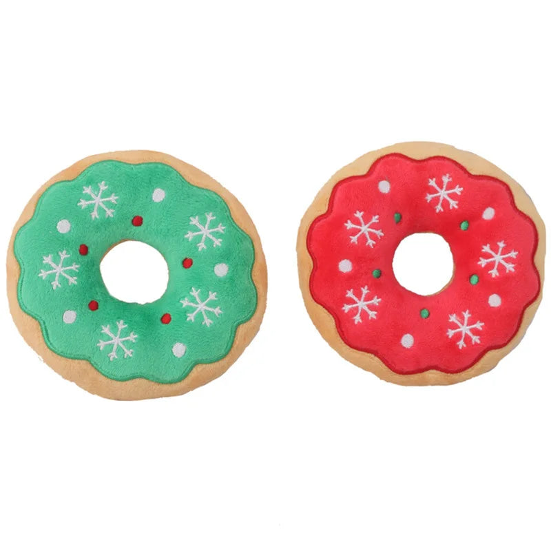 Green and red donut plush dog toys