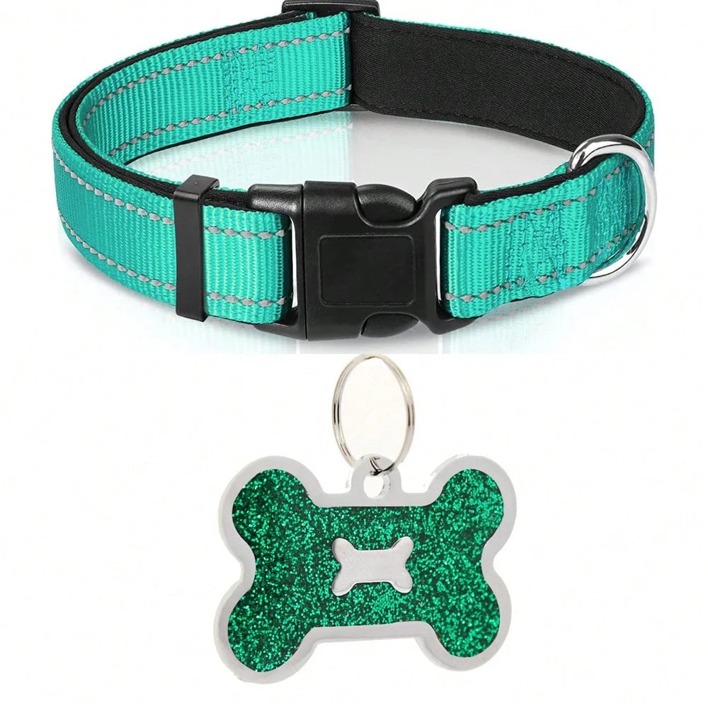 Reflective Padded Dog Collar in Green with bone ID tag