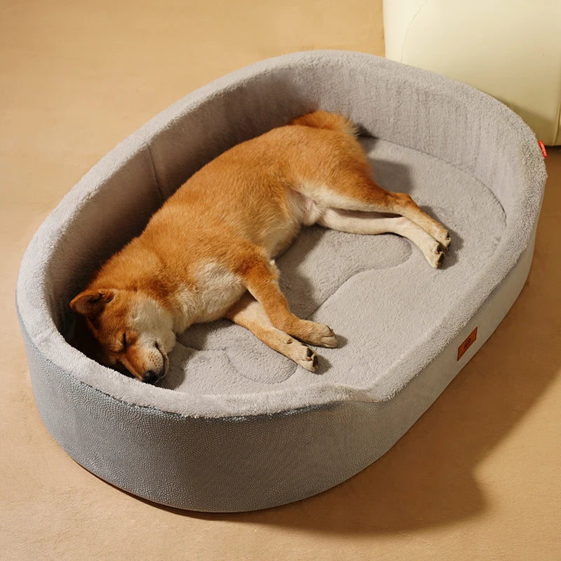 Dog asleep in the Oval Bolster Dog Bed in light grey